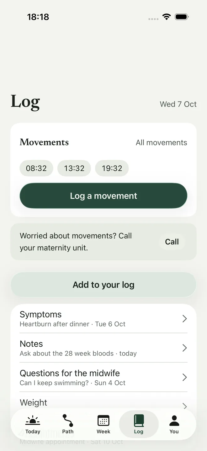The Log: movement times, symptoms, notes, questions for the midwife, and weight, shown with example data.