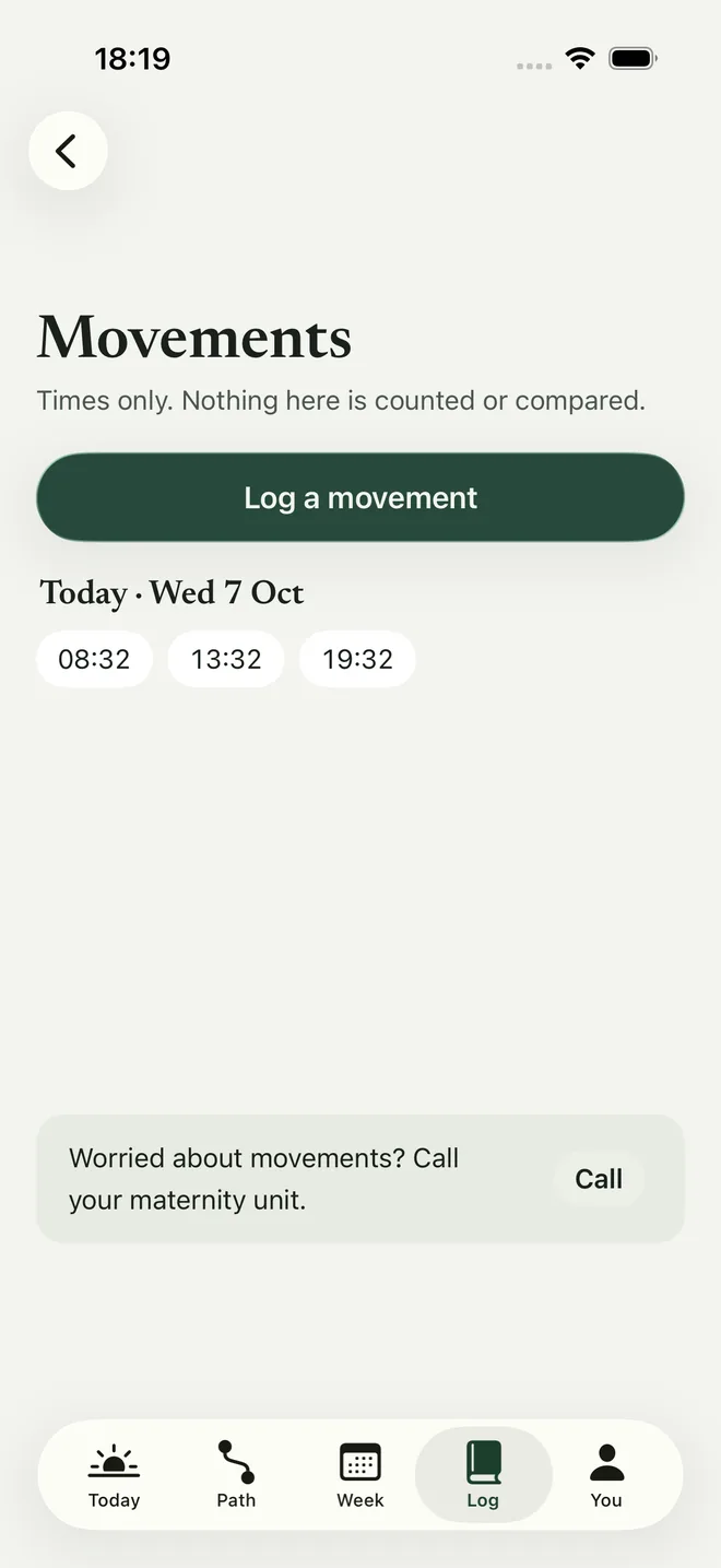 Movements: times only, nothing counted or compared, with a Log a movement button and example times for today.