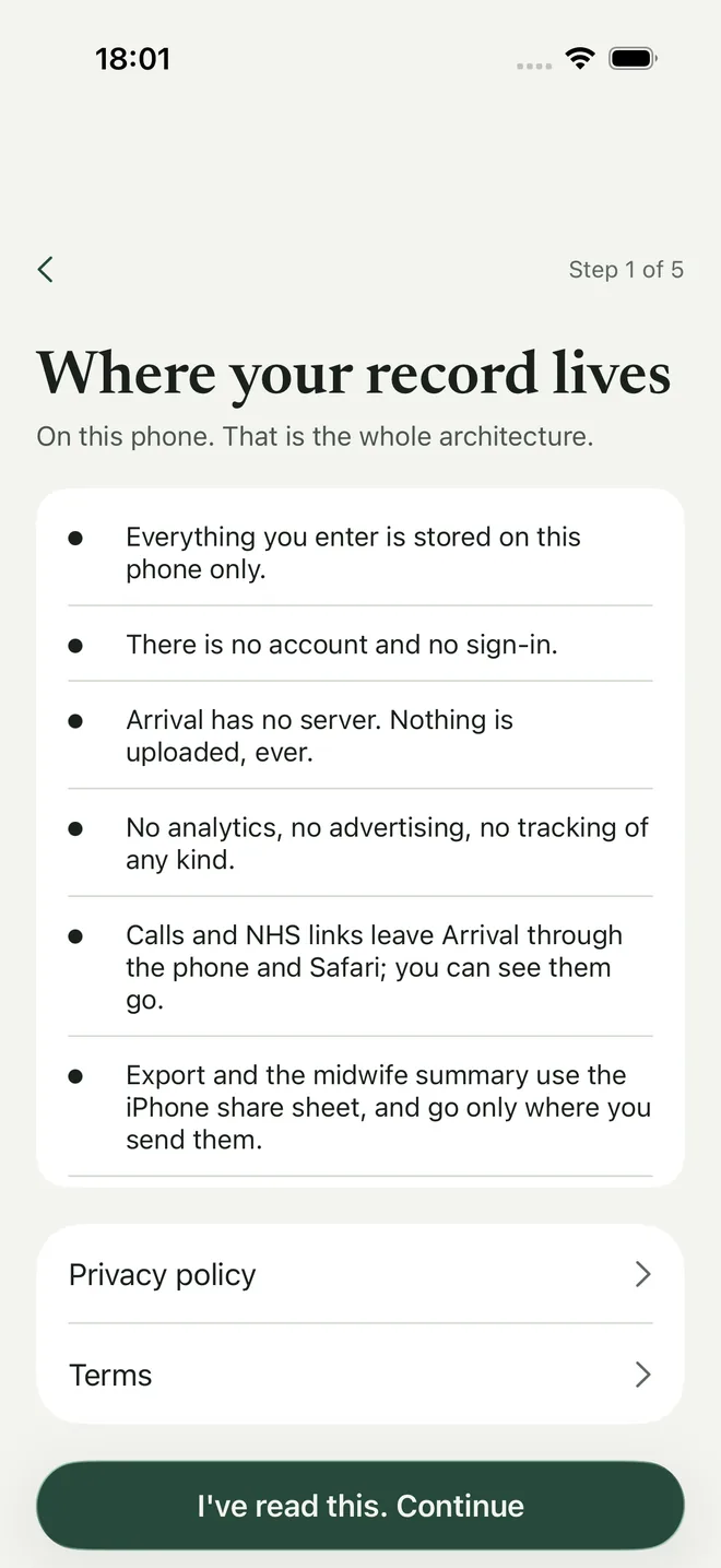 Where your record lives, the first step of setting up: six facts about where your record is stored, with links to the privacy policy and terms, and a Continue button.