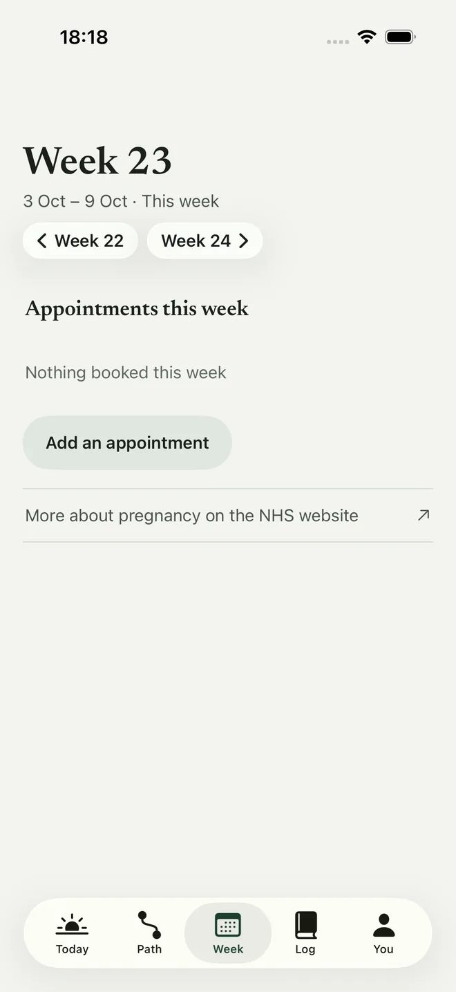 This Week: Week 23 with its dates, Nothing booked this week, an Add an appointment button, and a link to the NHS website, shown with example data.