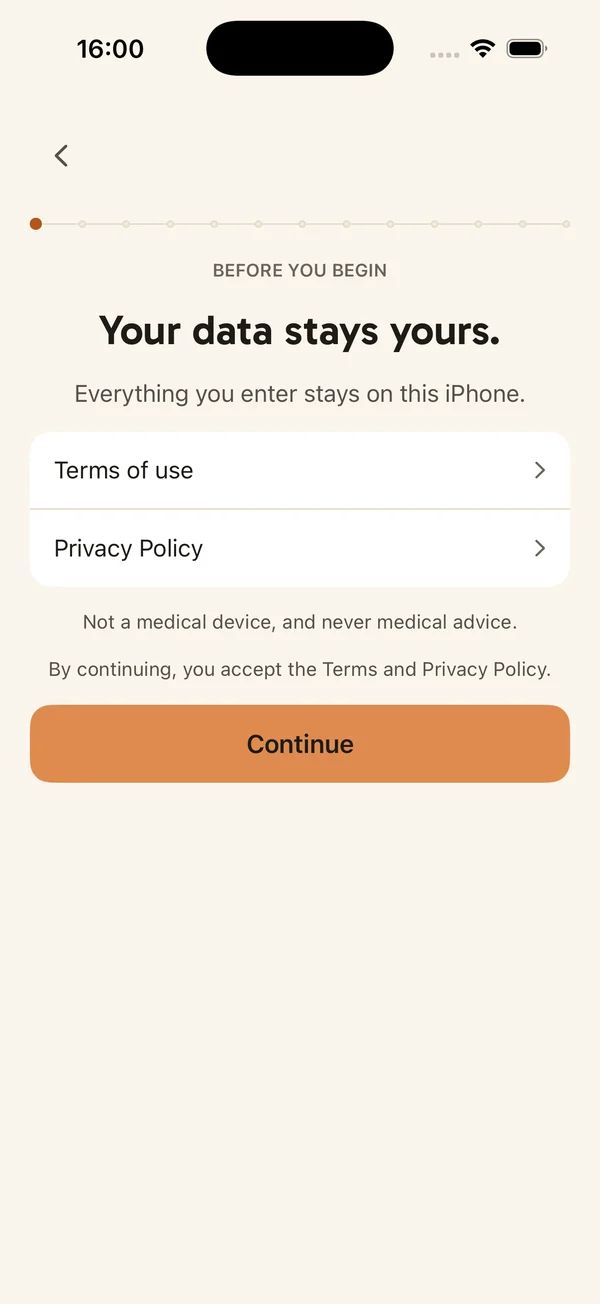 The privacy screen: “Your data stays yours. Everything you enter stays on this iPhone.”