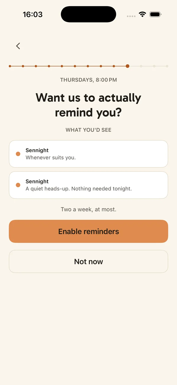 The reminders screen: two example notifications, one on the day and one the evening before.