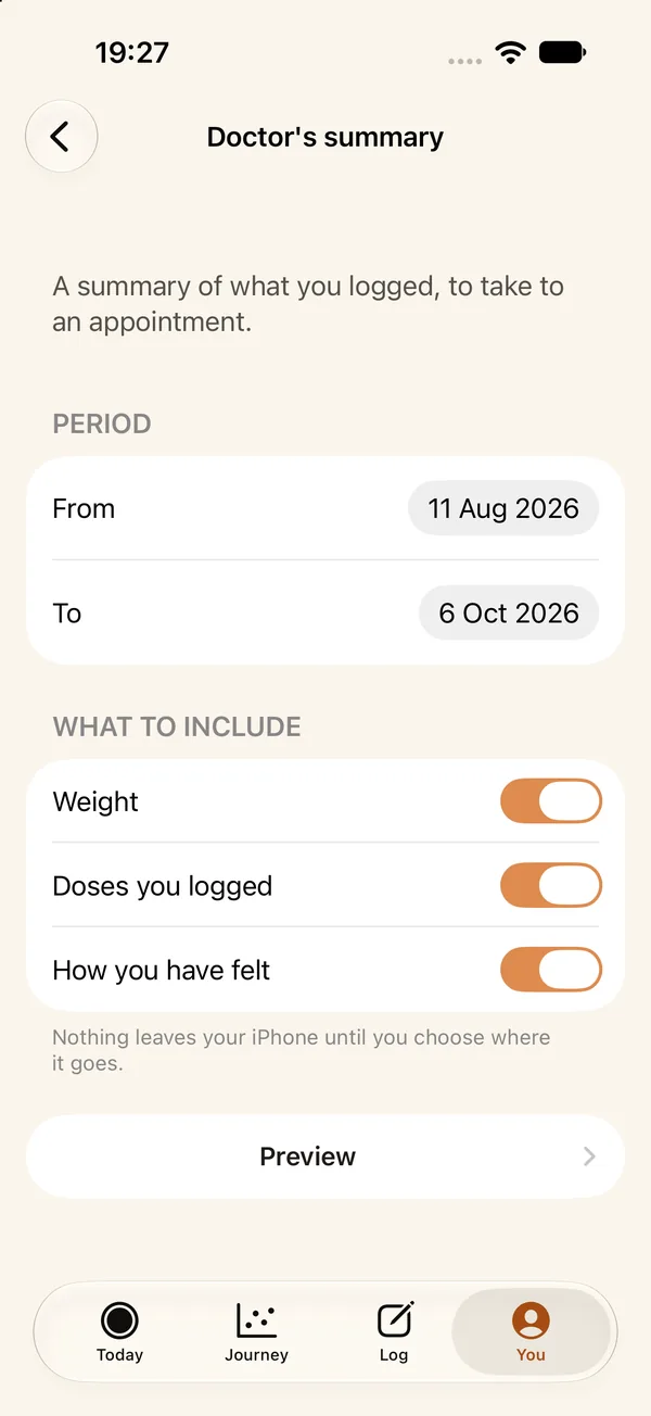 The doctor’s summary screen: a period from and to, and switches for weight, doses and how you have felt.